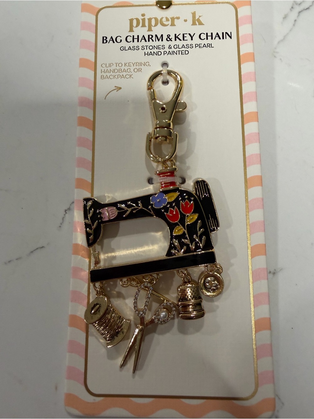 piper•k Black Floral Sewing Machine Bag Charm Key Chain with Gold Accents